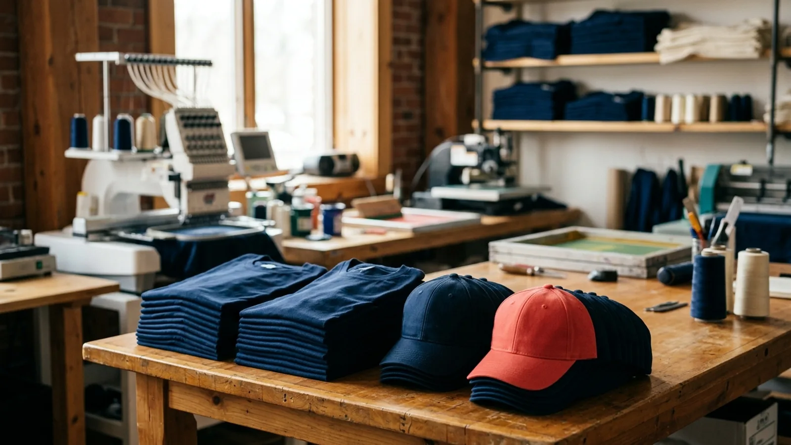 Atelier de personnalisation de vêtements promotionnels : piles de t-shirts et de casquettes marine, brodeuse en arrière-plan